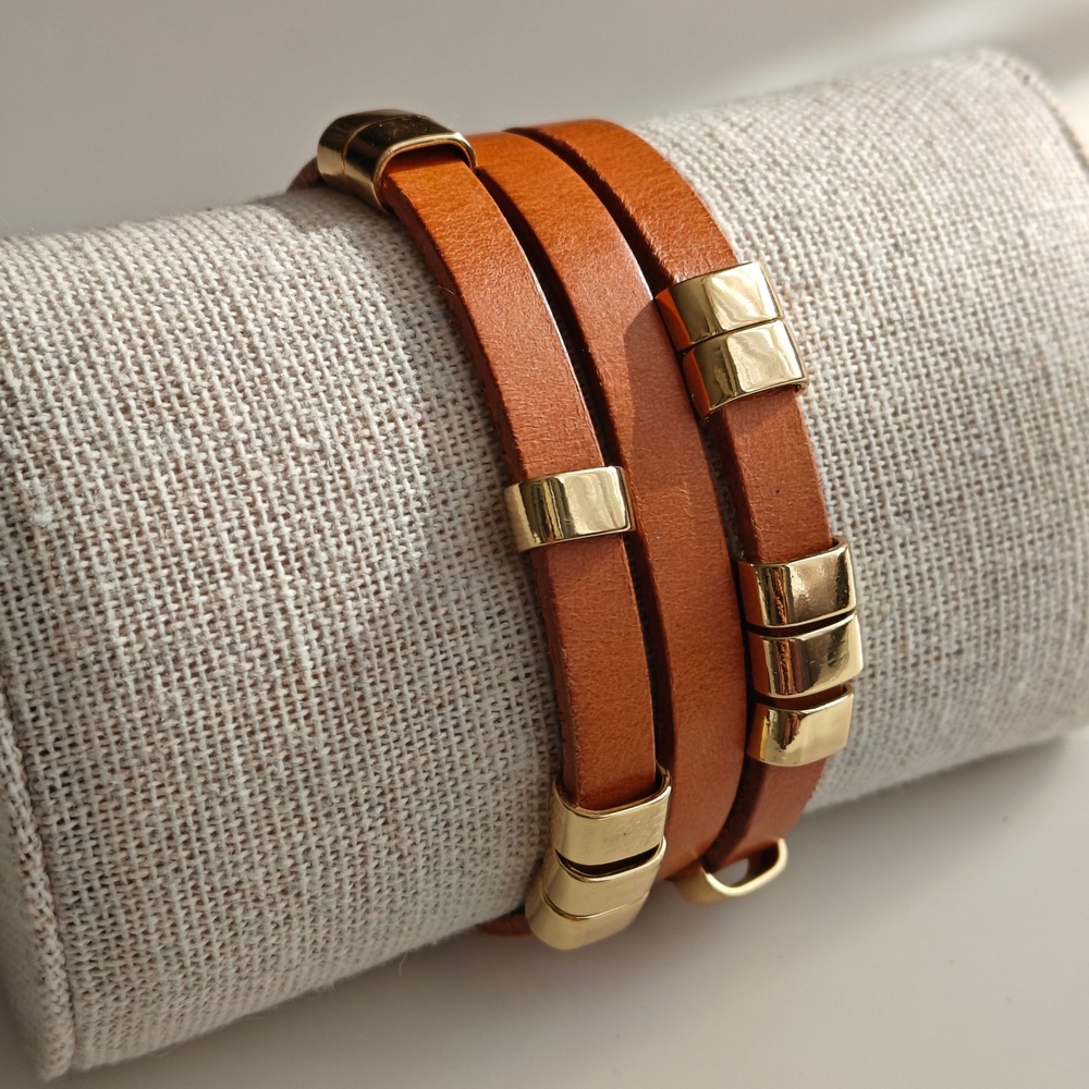 Tan Leather Triple Strand Cuff Bracelet Gold Tone Metal Slides Boho‎ Chic